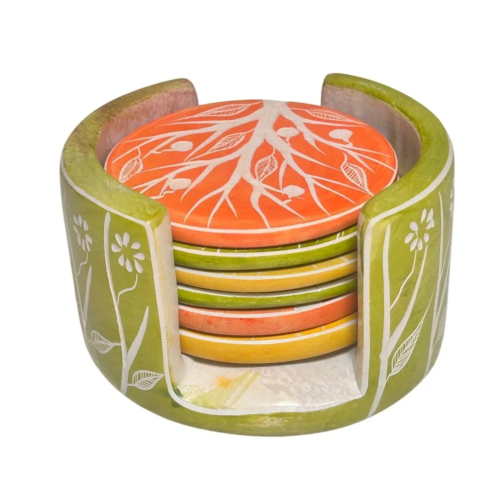 Ten Thousand Villages Orchard Tree Coaster Set Kenya Soapstone Hand Carved 6pc